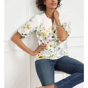 Talbots 100% Cotton Lined Blouse Beautiful Spring Floral Bouquet Split V-Neck L